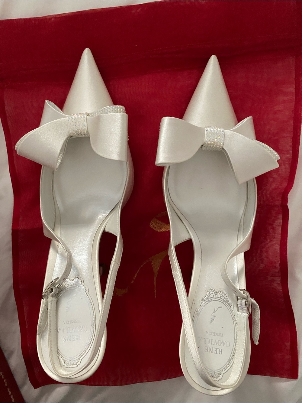 Rene Caovilla Ivory Pointed-Toe Slingback Heels with Bow